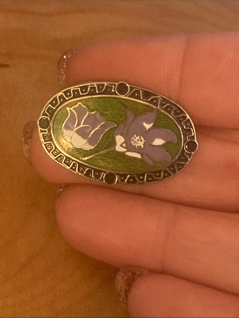 Purple Floral Enamel Brooch with Green Background - Women's Jewelry